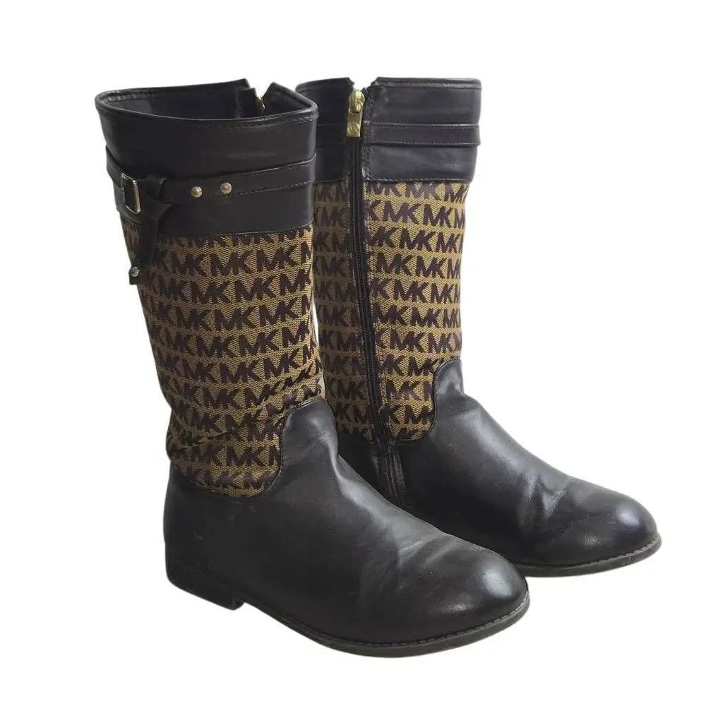 Michael Kors Brown Gold Accents MK Monogrammed Girls Size 4 Zip up Calf Boots